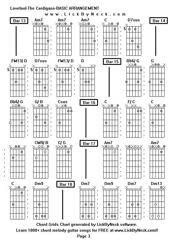 Chord Grids Chart of chord melody fingerstyle guitar song-Lovefool-The Cardigans-BASIC ARRANGEMENT,generated by LickByNeck software.